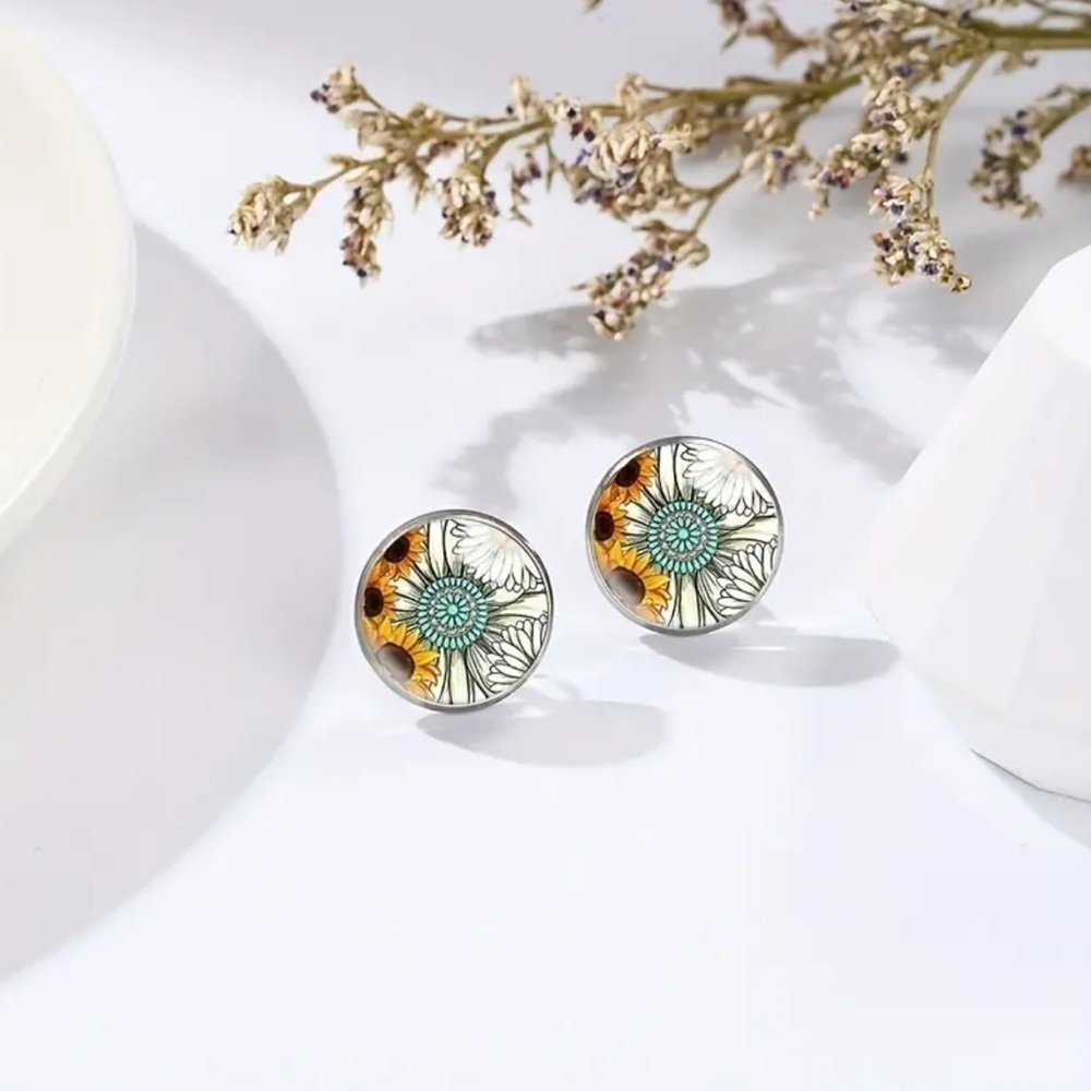 Turquoise and Sunflower Stud Earrings